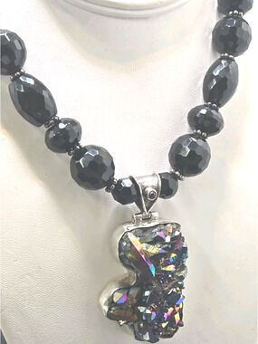 Large Sterling Silver Titanium Peacock Druzy Quartz Pendant Necklace 3.9 Oz Bold